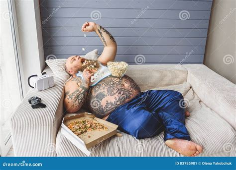 Lazy Fat Man Eating Unhealthy Food Stock Image Image Of Obesity