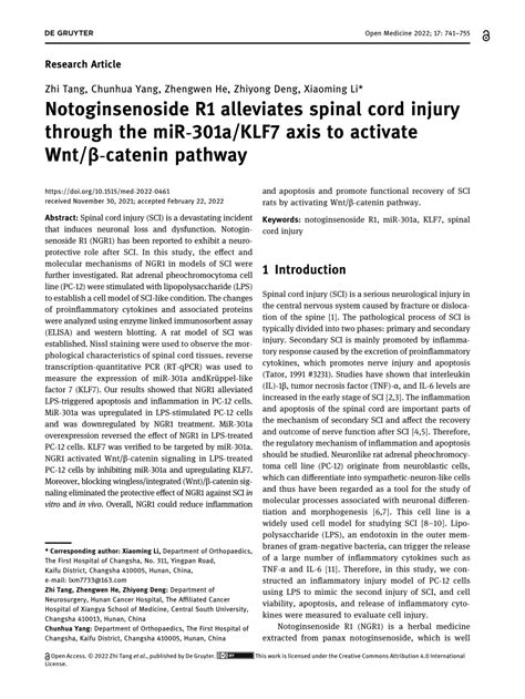 PDF Notoginsenoside R1 Alleviates Spinal Cord Injury Through The MiR