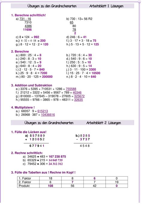Bungsblatt Zu Grundrechenarten