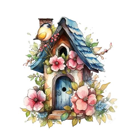 Premium Ai Image Birdhouse Watercolor Illustration