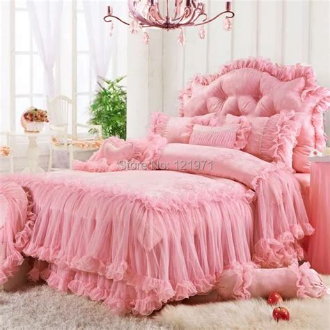 100 Cotton Satin Jacquard 4pcs Korean Pink Princess Wedding Bedding