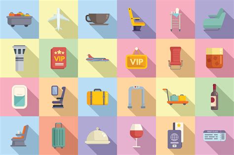 First Class Travel Icons Set Flat Vector Airplane Service 15120791 Vector Art At Vecteezy