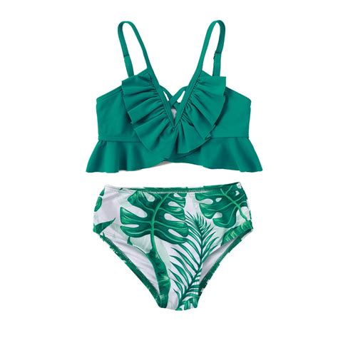 GYUJNB Girl S Two Piece Swimsuit Sport Blue Flower Floral Prints High Waist Bikini Set Swimwear