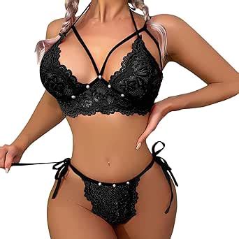 Amazon Piece Women Sexy Lace Scalloped Cutout Lingerie Set Strappy Tied Up Bra And Panty