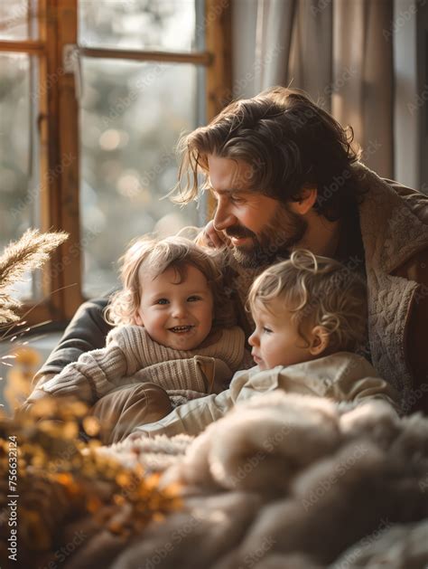 Moments de tendresse entre un père et ses deux enfants Stock Photo