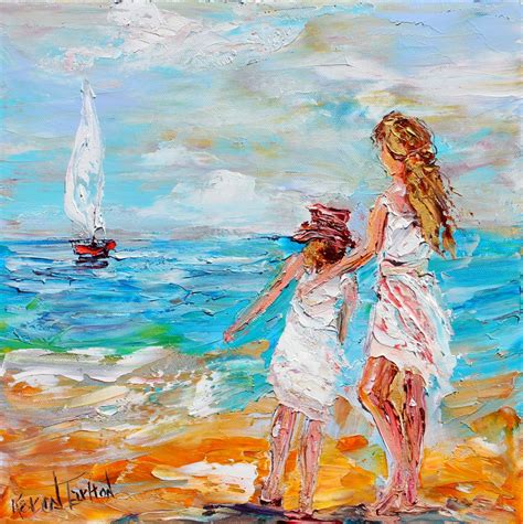 Original Oil Painting Summer Beach Girls Boat On By Karensfineart