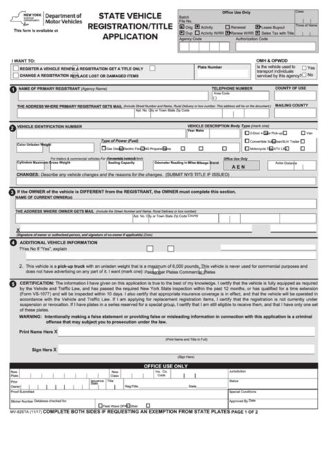 Form Mv Sta State Vehicle Registration Title Application Printable