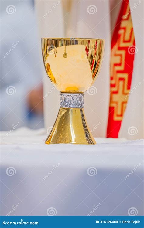 Catholic Holy Mass Celebration Priest With Holy Chalice Stock Photo