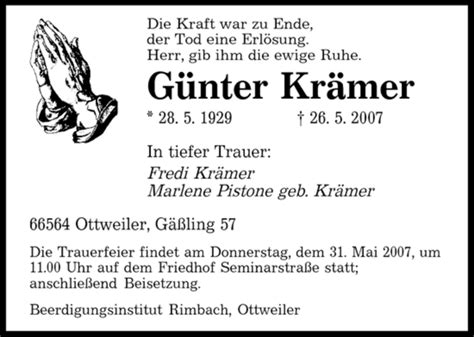 Traueranzeigen Von G Nter Kr Mer Saarbruecker Zeitung Trauer De