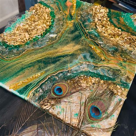 14 X 14 Greens And Golds Geode Crystal Epoxy Resin Pour Wall Etsy