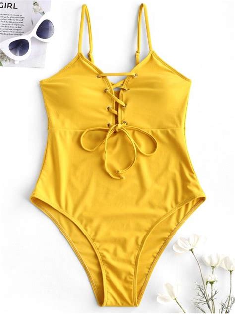 [20 Off] 2021 Zaful Lace Up Cami One Piece Swimsuit In Golden Brown