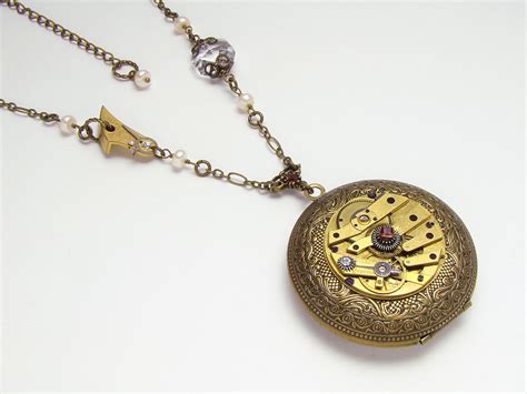 Steampunk Locket Necklace Gold Brass Key Watch Movement Gears Pearls