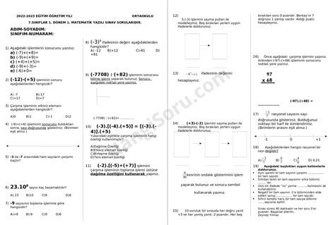 7 Sınıf Matematik 1 Dönem 1 Yazılı Soruları 2023 2024 Hangisoru