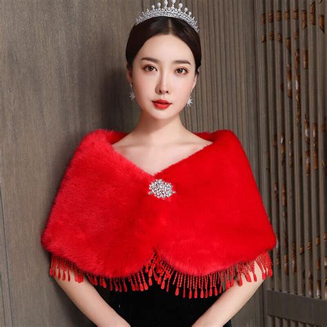 Women Bride Faux Fur Tassel Rhinestone Cape Shawls Wrap Shrug Bolero