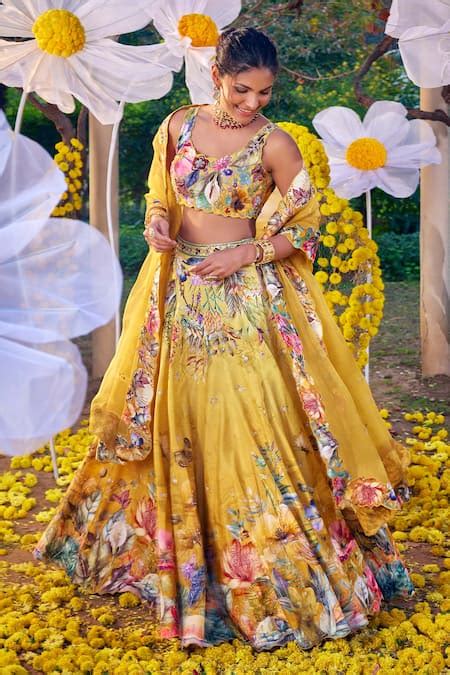 Buy Yellow Raw Silk Printed And Hand Embroidered Garden U Shirin Lehenga Set For Women By