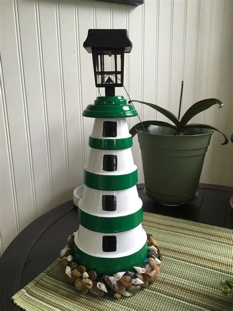 Green White Lighthouse Made From Clay Pots Terra Cotta Pot Crafts Diy