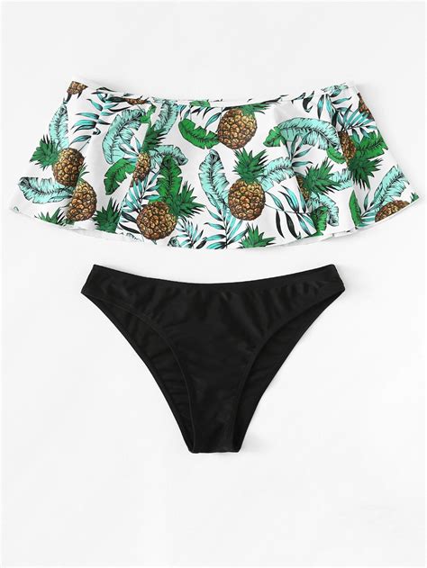 Tropical Print Flounce Bardot Bikini Set Shein Sheinside Trendy