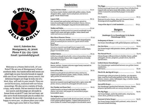 Menu Of 5 Points Deli And Grill In Montgomery Al 36106