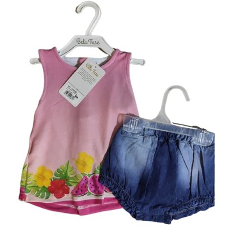 Conjunto Feminino Infantil Shorts Malha Jeans E Blusinha Cor Rosa