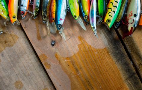 Various of Fishing Lure on Wet Wooden Background Stock Photo - Image of ...