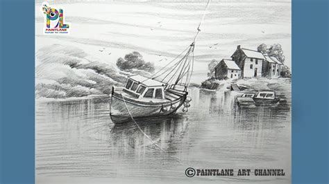 How to draw boat and lake in a scenery with pencil sketch and shading ...