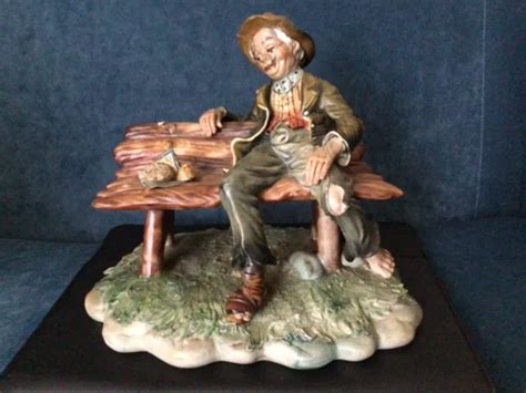 VINTAGE CAPODIMONTE PORCELAIN Figure Of Tramp On Bench Large Signed