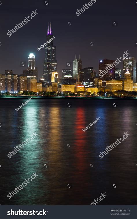 Chicago Image Of Chicago Cityscape At Night With Reflection Of The