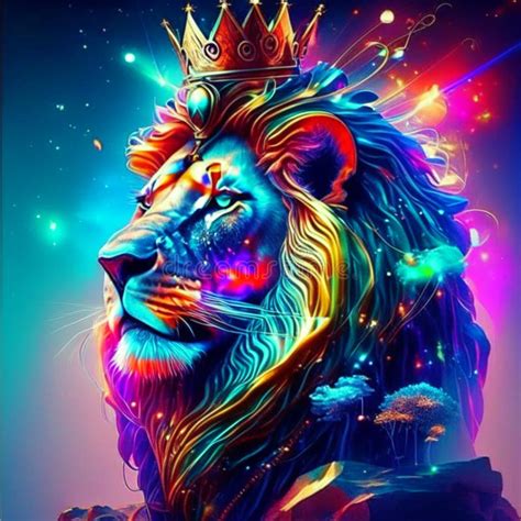 Lion With A Crown Abstract Neon Background Vector Illustration Stock