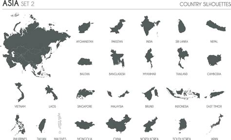 Set Of 25 High Detailed Silhouette Maps Of Asian Countries And Territories And Map Of Asia