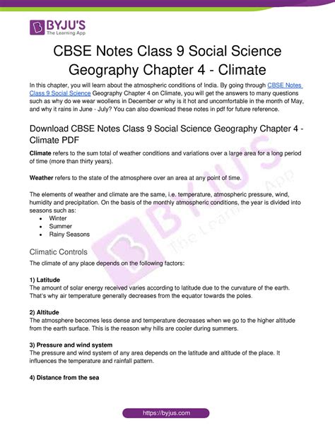 CBSE Notes Class 9 Social Science Geography Chapter 4 Climate By