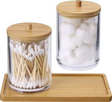 2Pack Acrylic Qtip Holder Dispenser And 1 Bamboo Tray 10oz Bathroom