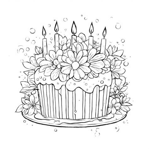 Download Birthday Cake Coloring Page with Candles and Flowers Coloring pages Online - Creative ...