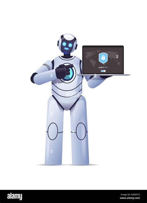 Robot Cyborg Holding Laptop With Protection Shield Cyber Security Data