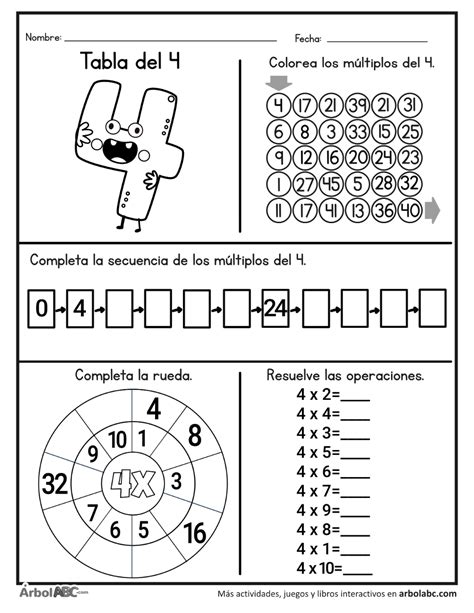 Operaciones De La Tabla Del 4 Árbol Abc Ejercicios Tablas De