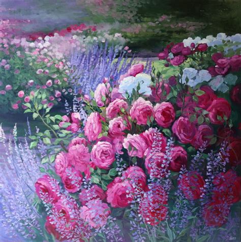 Originales Ölgemälde auf Leinwand Rosengarten 70x70x2cm 27