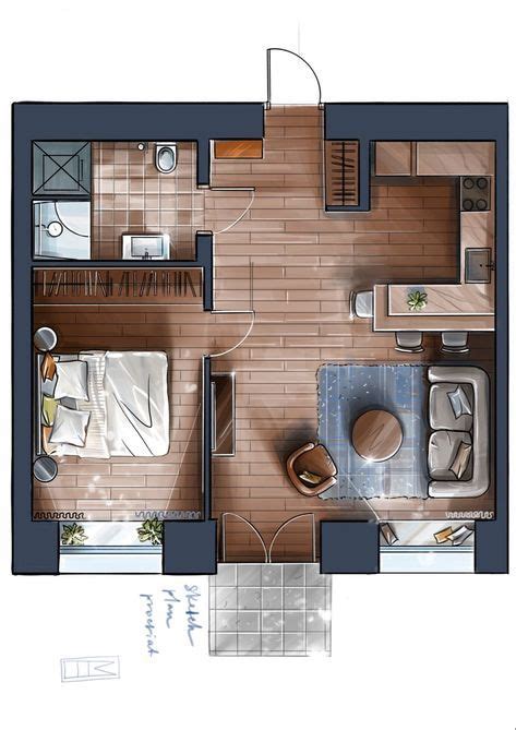 An Overhead View Of A Bedroom And Living Room In A Small Apartment With