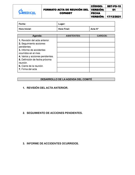 SST FO 10 Formato ACTA DE Reunión Copasst FORMATO ACTA DE REUNIÓN DEL