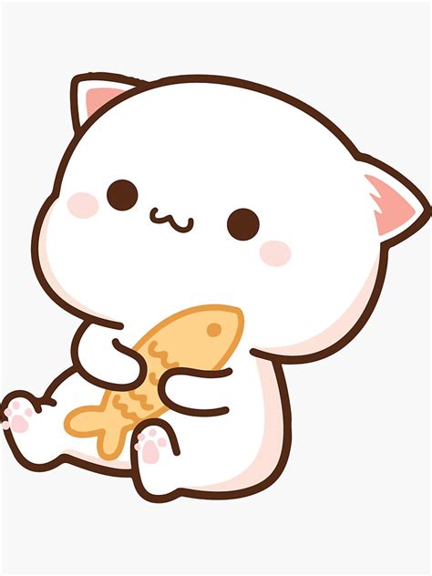 Peach And Goma Mochi Cat Holding Fish Sticker For Sale By Misoshop