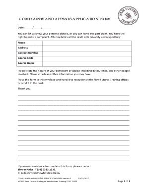 Fillable Online Complaints And Appeals Application Form Vicseg New