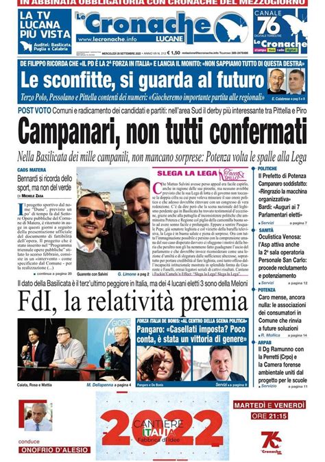 Le Prime Pagine Di Mercoled Settembre Wayglo Basilicata