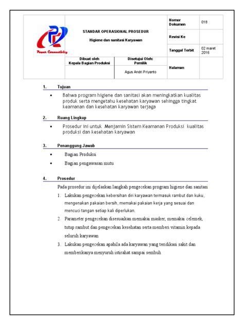 Sop Tata Cara Pengawasan Higiene Dan Sanitasi Karyawan Pdf