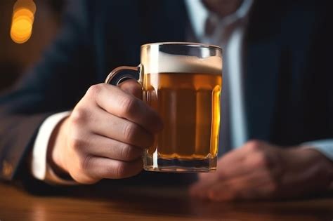 Un hombre de negocios sosteniendo un vaso de cerveza fría ia generativa