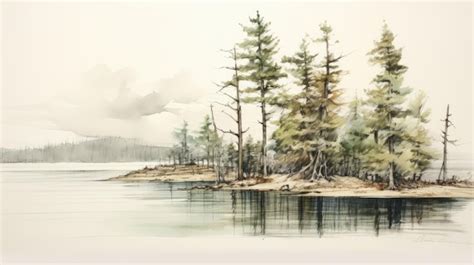 Premium Photo Realistic Watercolor Painting Of Pine Trees On Island Inlet