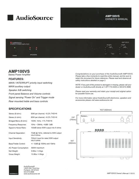 AUDIOSOURCE AMP100VS OWNER'S MANUAL Pdf Download | ManualsLib