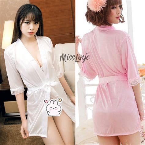 Jual MissLinje Baju Dinas Malam Wanita Lingerie Kimono Robe Mini Silk Satin Sexy Murah Dapat G