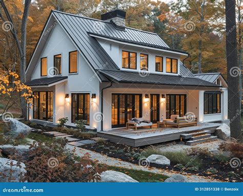 White Siding and Black Trim Modern Farmhouse Stock Photo - Image of ...