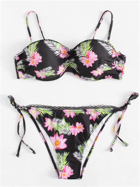 Flower Print Tie Side Bikini Setfor Women Romwe Bikinis Side Tie