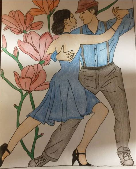 a drawing of a couple dancing in front of flowers