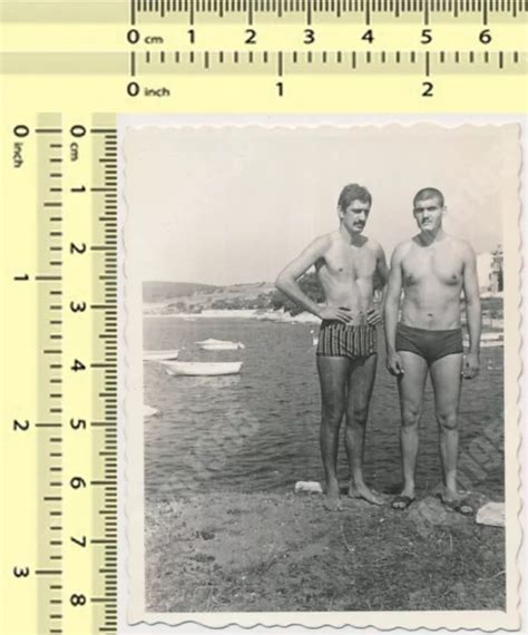 TWO SHIRTLESS MUSCULAR Men Guys Trunks Bulge Gay Int Beach Vintage Old