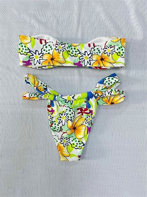 Knotted Floral Print Bikini Set Green S In Bikini Sets Online